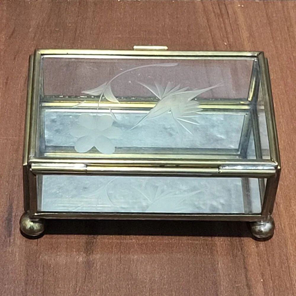 Vintage Trinket Box Hinged Lid Etched Bird Flower Glass Brass Trim Footed Jewelr